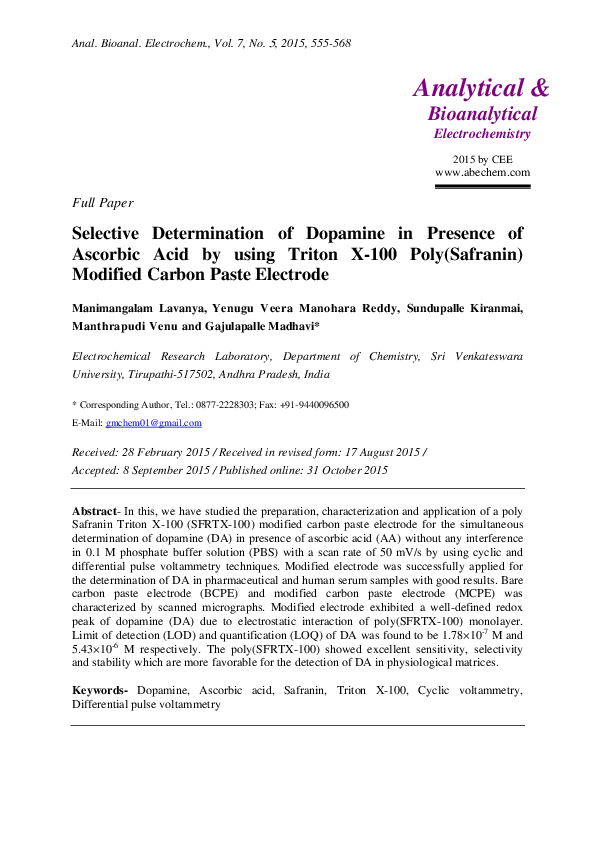 (PDF) Selective Determination of Dopamine in Presence of Ascorbic Acid