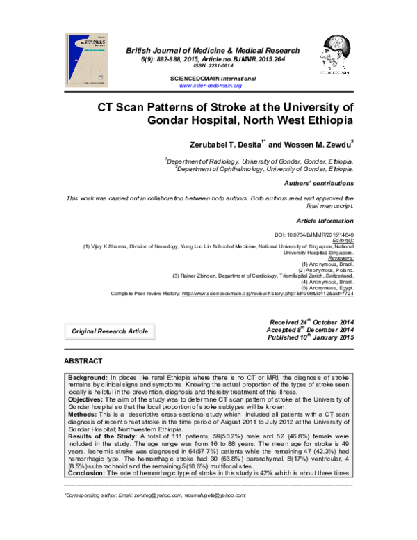 (PDF) CT Scan Patterns of Stroke at the University of Gondar Hospital ...