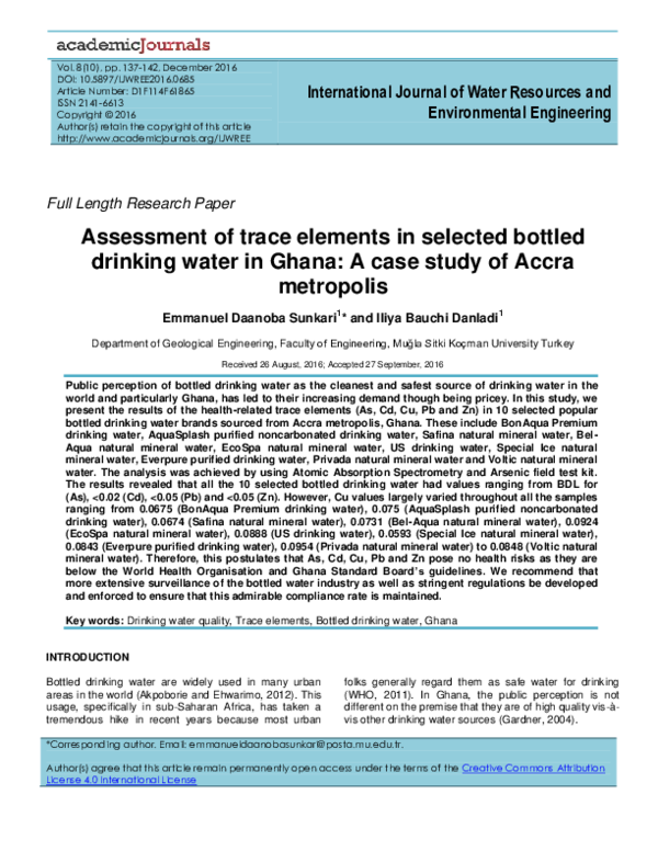 (PDF) Assessment of trace elements in selected bottled drinking water ...