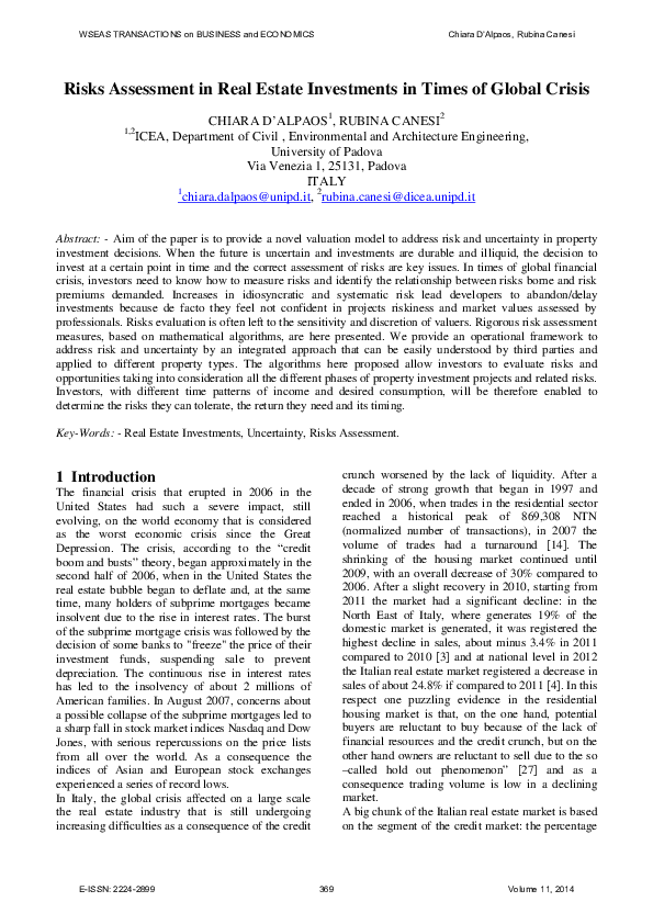 (PDF) Risks Assessment in Real Estate Investments in Times of Global Crisis