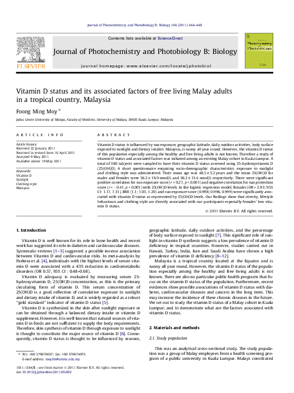 (PDF) Vitamin D status and its associated factors of free living Malay ...