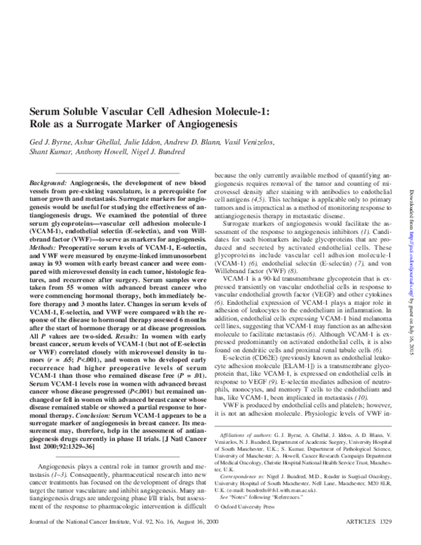 (PDF) Serum Soluble Vascular Cell Adhesion Molecule-1: Role as a ...