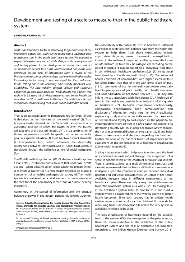 (PDF) Development and testing of a scale to measure trust in the public ...
