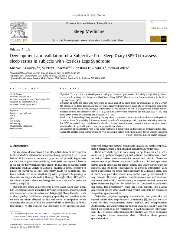 (PDF) Development and validation of a Subjective Post Sleep Diary (SPSD ...