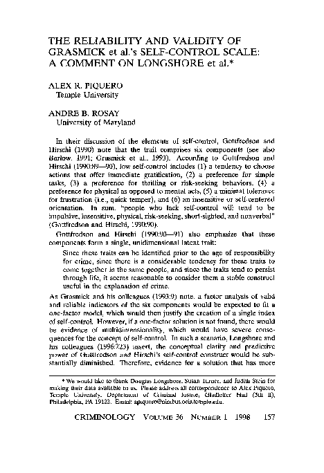 (PDF) THE RELIABILITY AND VALIDITY OF GRASMICK et al.'s SELF‐CONTROL ...