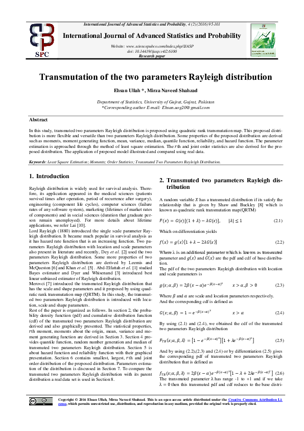 (PDF) Transmutation of the two parameters Rayleigh distribution