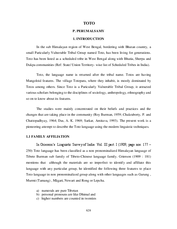 Pdf A Linguistic Description Of Toto Language Spoken In West Bengal P Perumal Samy Academia Edu