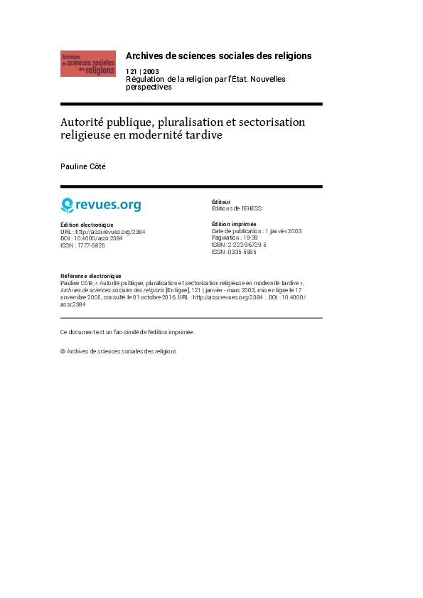 (PDF) Autorité publique, pluralisation et sectorisation religieuse en ...