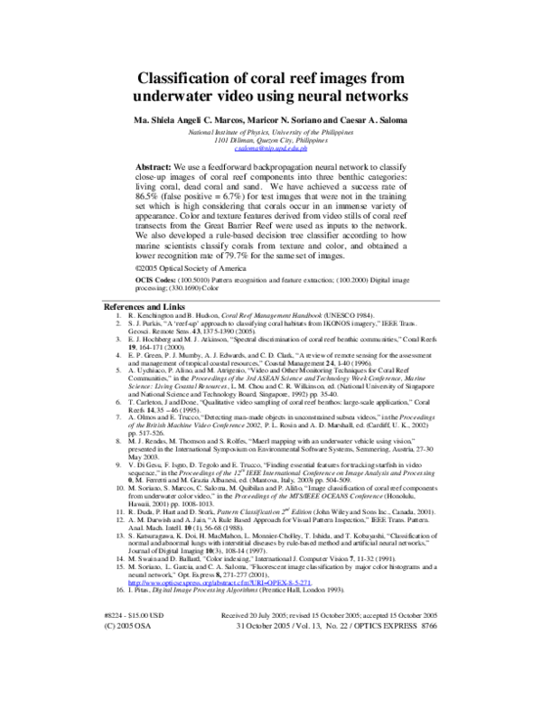 (PDF) Classification of coral reef images from underwater video using ...