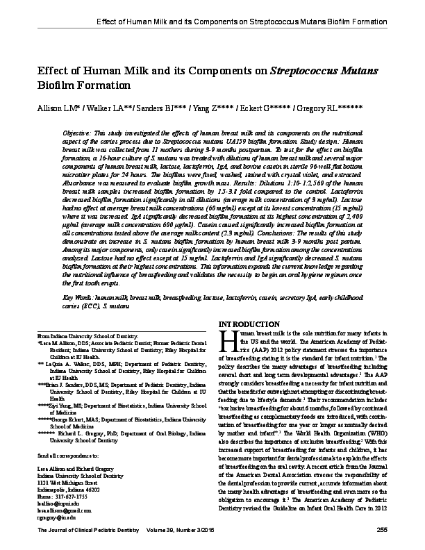 (PDF) Effect of Human Milk and its Components on Streptococcus Mutans ...