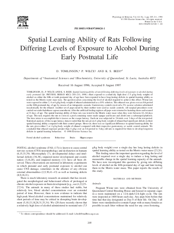 (PDF) Spatial Learning Ability of Rats Following Differing Levels of ...