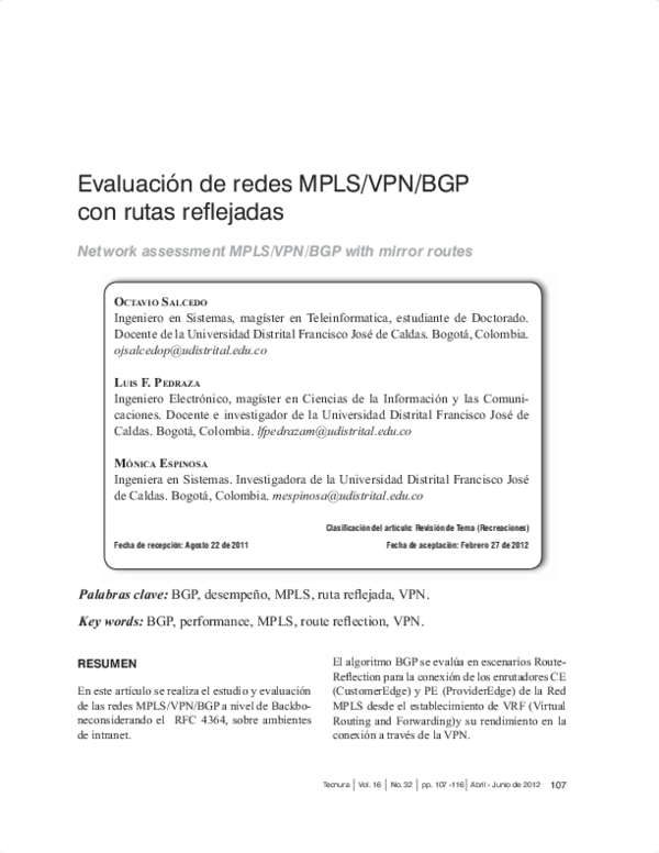 (PDF) re-creaciones Network assessment MPLS/VPN/BGP with mirror routes