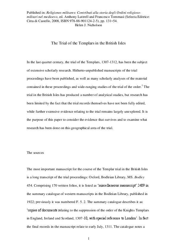‘The Trial of the Templars in the British Isles’ 
