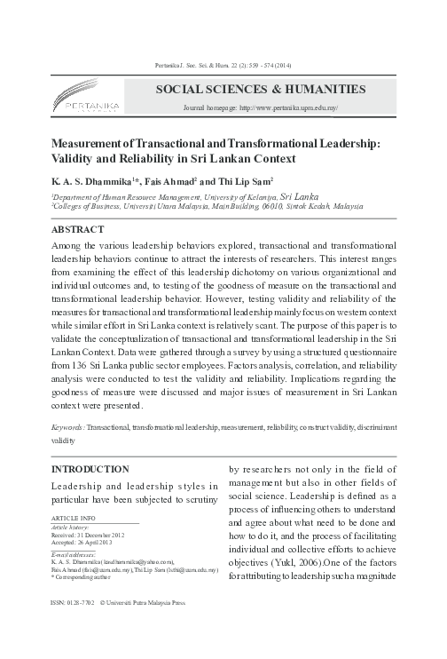 (PDF) Measurement of Transactional and Transformational Leadership ...