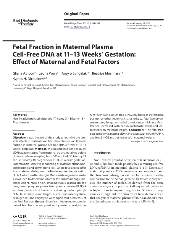 (PDF) Fetal fraction in maternal plasma cell-free DNA at 11-13 weeks ...