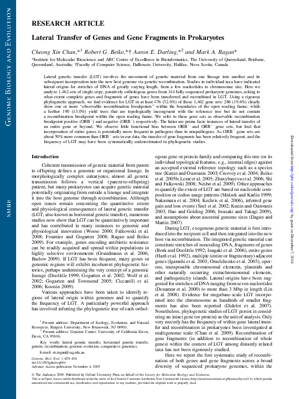 (PDF) Lateral transfer of genes and gene fragments in prokaryotes