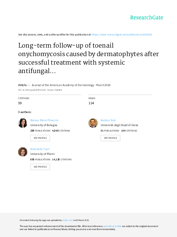 (PDF) Longterm followup of toenail onychomycosis caused by