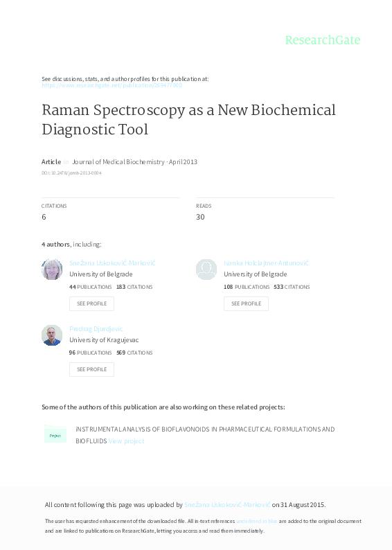 (PDF) Raman Spectroscopy as a New Biochemical Diagnostic Tool