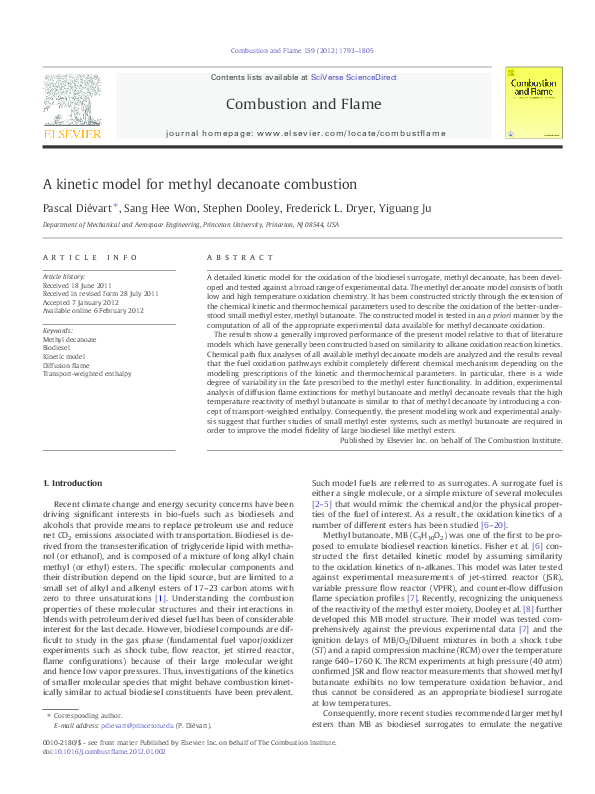 (PDF) A kinetic model for methyl decanoate combustion