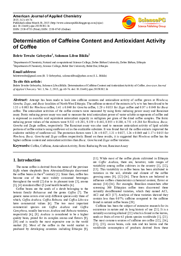 (PDF) Determination of Caffeine Content and Antioxidant Activity of Coffee
