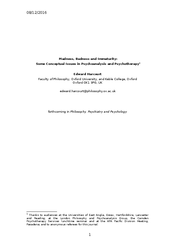 Madness, Badness and Immaturity: Some Conceptual Issues in Psychoanalysis and Psychotherapy