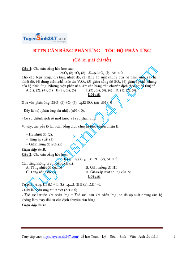 First page of “BTTN CÂN BẰNG PHẢN ỨNG – TỐC ĐỘ PHẢN ỨNG (Có lời giải chi tiết”