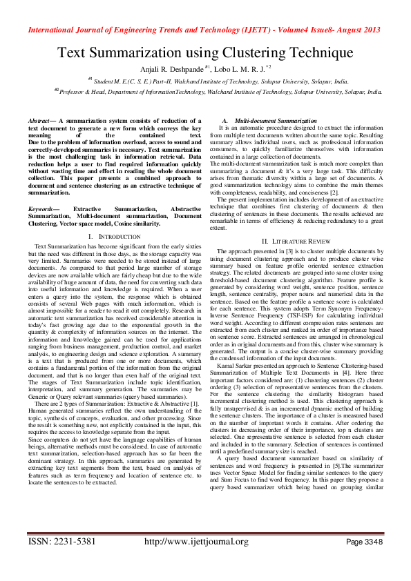 (PDF) Text Summarization using Clustering Technique