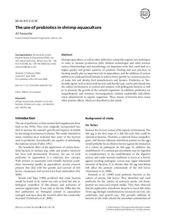 (PDF) The use of probiotics in shrimp aquaculture