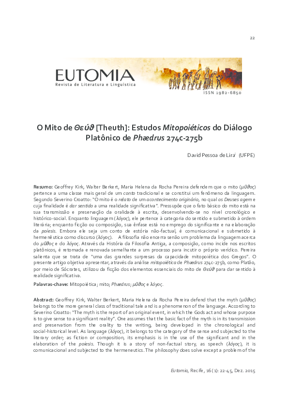 (PDF) O Mito de Θεύϑ [Theuth]: Estudos Mitopoiéticos do Diálogo ...