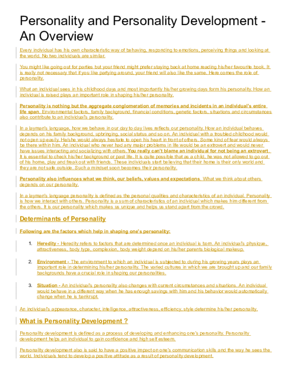 (DOC) Personality and Personality Development - An Overview
