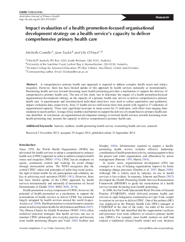 (PDF) Impact evaluation of a health promotion focused organisational ...