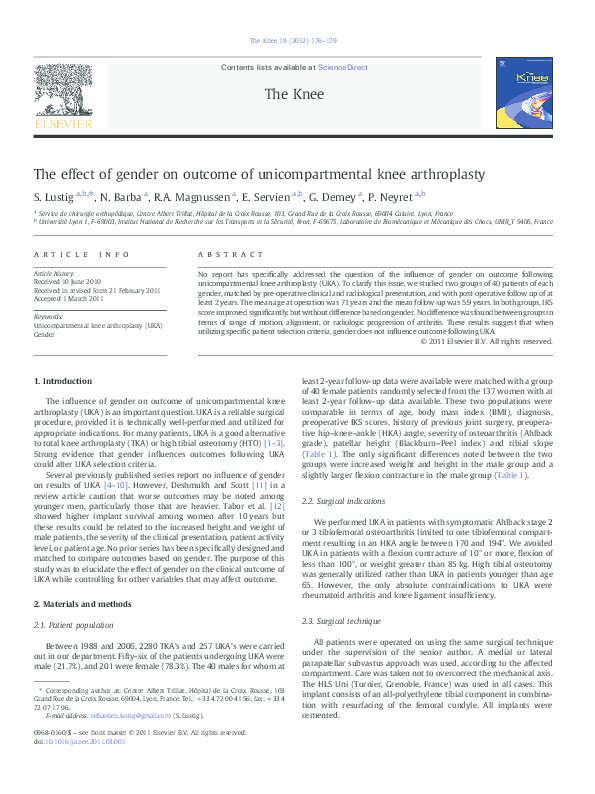 (PDF) The effect of gender on outcome of unicompartmental knee arthroplasty