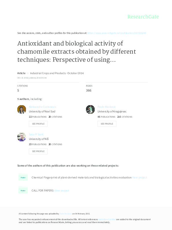 (PDF) Antioxidant and biological activity of chamomile extracts