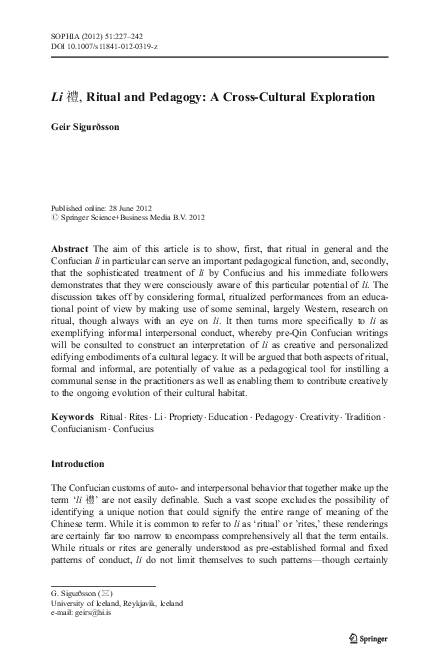 (PDF) Li 禮, Ritual and Pedagogy: A Cross-Cultural Exploration