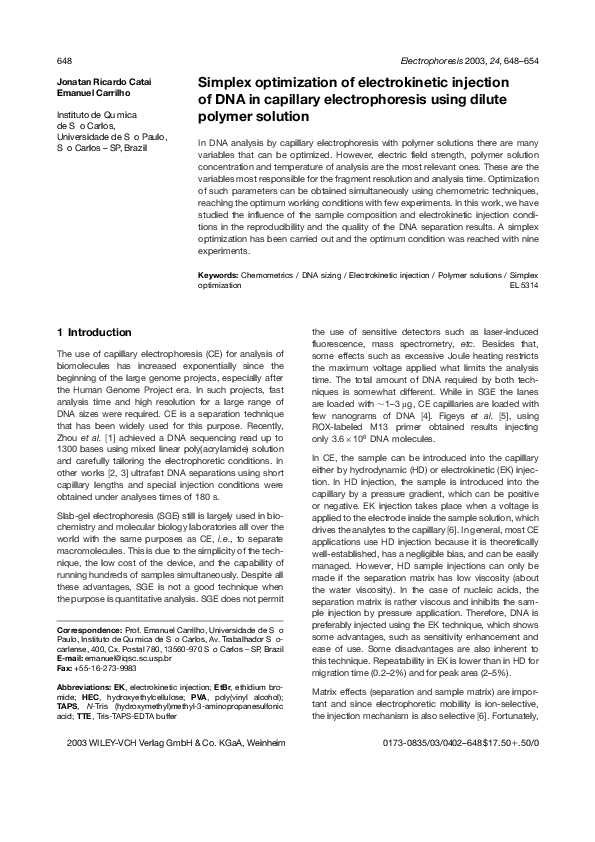 (PDF) Simplex optimization of electrokinetic injection of DNA in ...