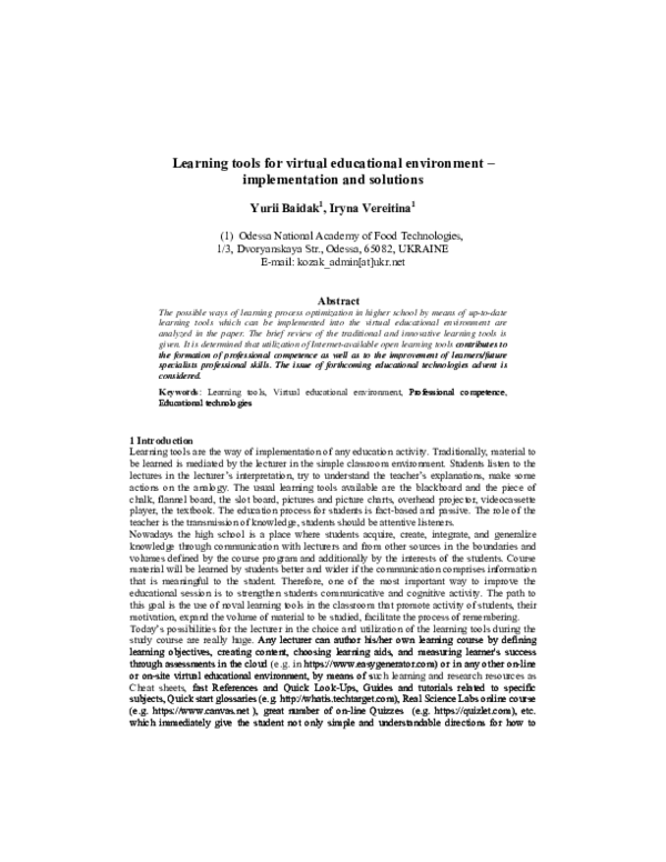 (PDF) Learning tools for virtual educational environment ...