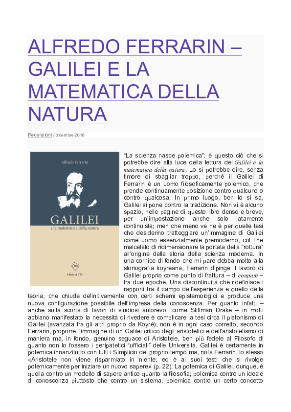 (PDF) [Book Review] A. Ferrarin, Galilei e la matematica della natura ...