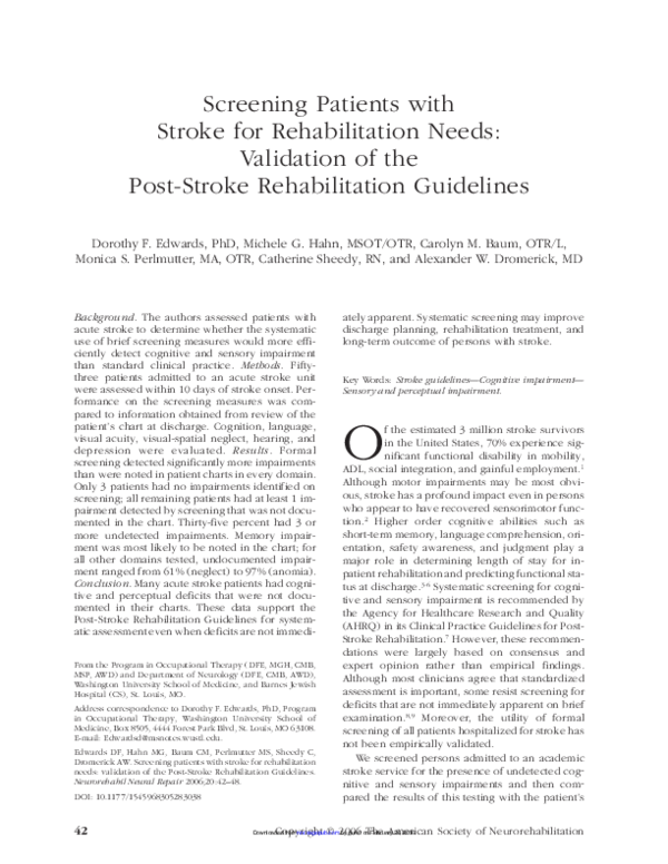 (PDF) Screening Patients with Stroke for Rehabilitation Needs ...