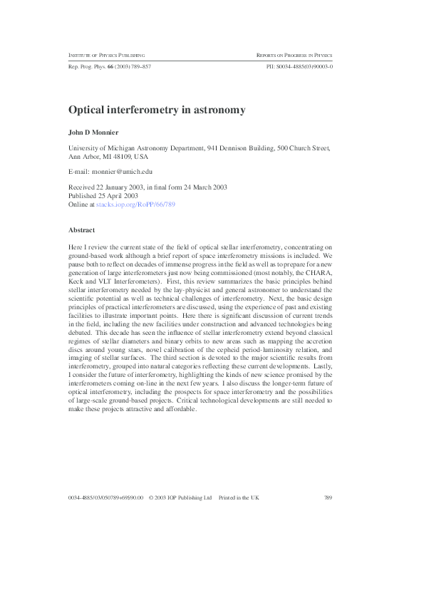 (PDF) Optical interferometry in astronomy