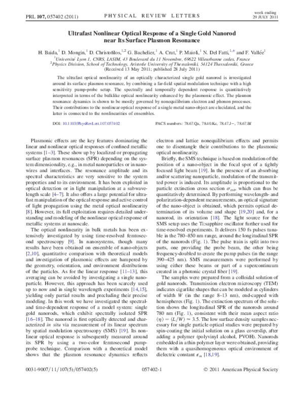 (PDF) Ultrafast nonlinear optical response of a single gold nanorod ...