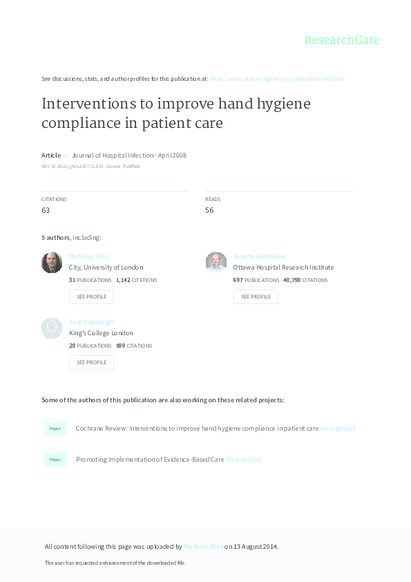 (PDF) Interventions to improve hand hygiene compliance in patient care Dinah Gould Academia.edu