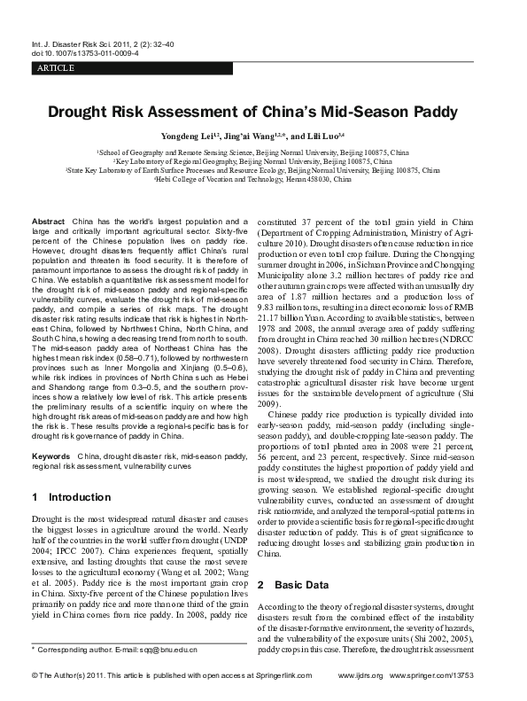 (PDF) Drought risk assessment of China's mid-season paddy