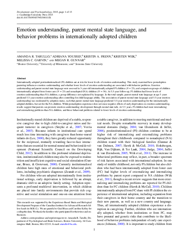 (PDF) Emotion understanding, parent mental state language, and behavior ...