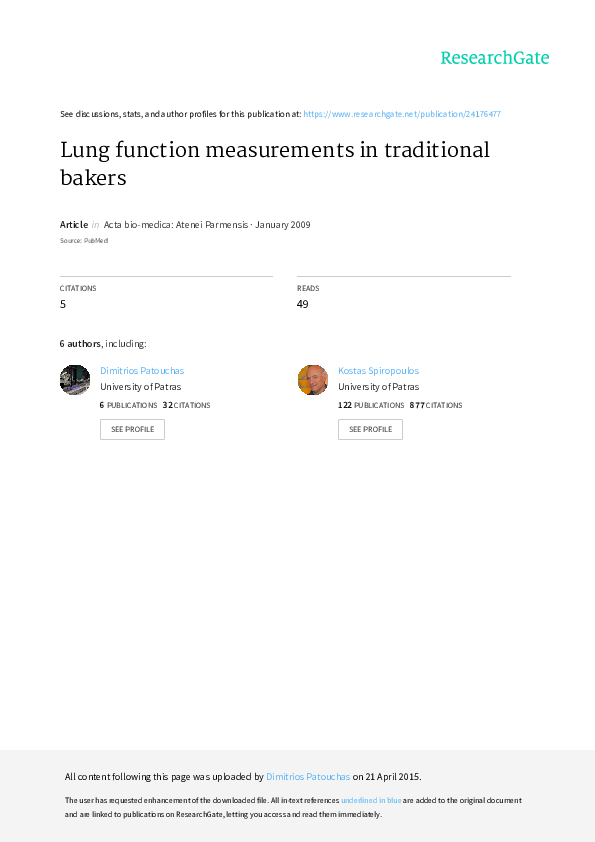 (PDF) Lung function measurements in traditional bakers P. Goumas