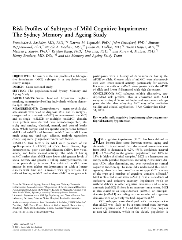 (PDF) Risk Profiles of Subtypes of Mild Cognitive Impairment: The ...