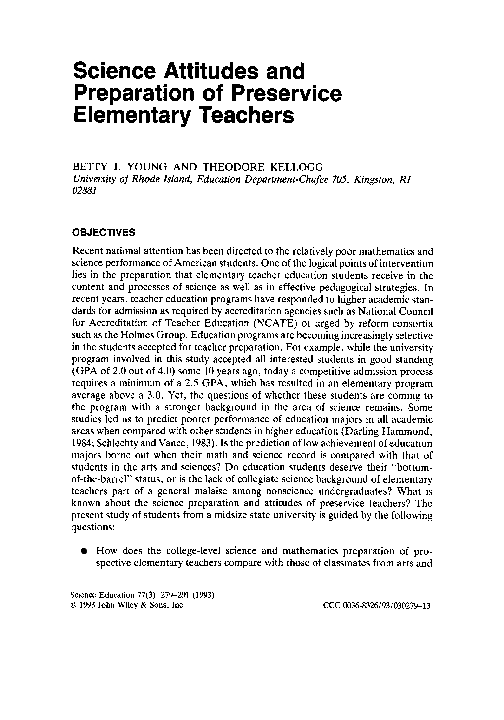 (PDF) Science attitudes and preparation of preservice elementary teachers
