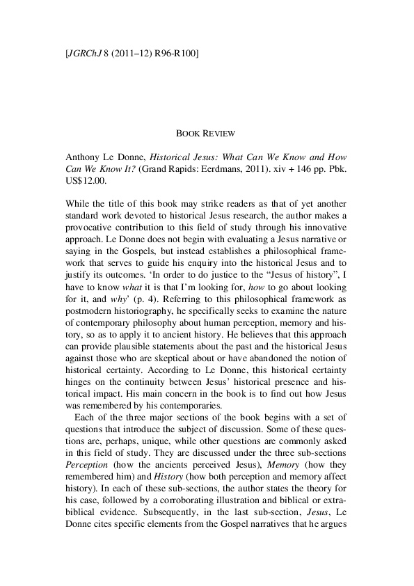 Review of Le Donne, Anthony, Historical Jesus: What Can We Know and How Can We Know It? (Grand Rapids: Eerdmans, 2011)