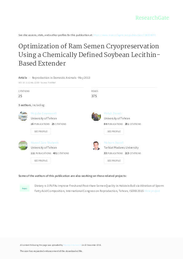 (PDF) Optimization of Ram Semen Cryopreservation Using a Chemically