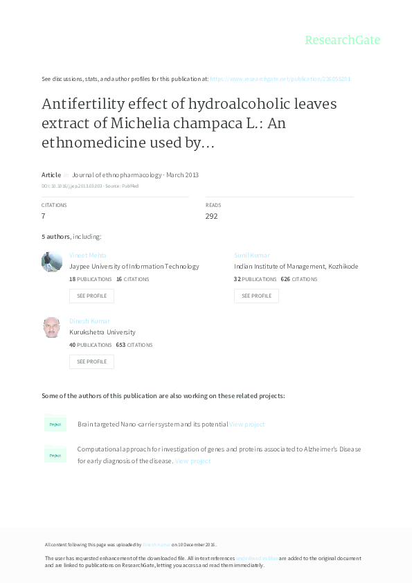 (PDF) Antifertility effect of hydroalcoholic leaves extract of Michelia ...