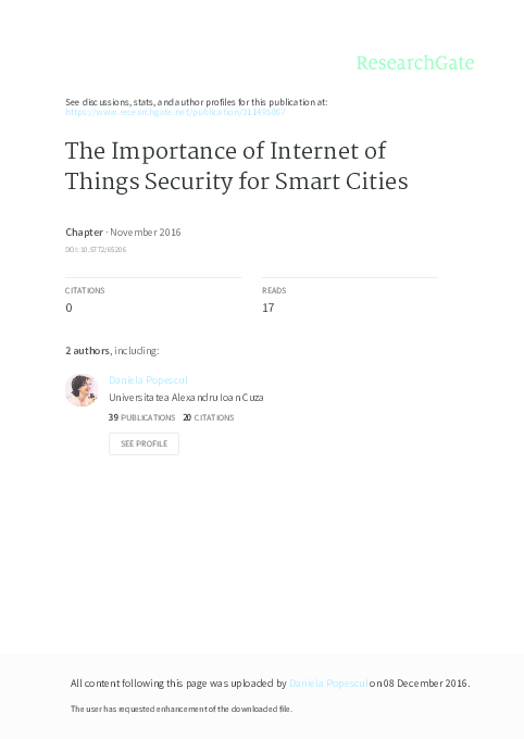 (PDF) The Importance of Internet of Things Security for Smart Cities
